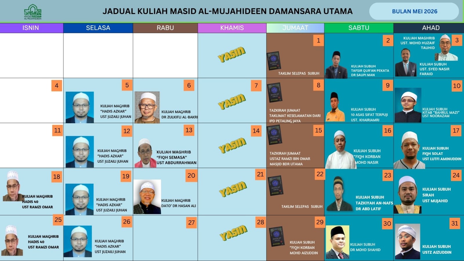 Jadual Kuliah Masjid Al-Mujahideen bulan Mei 2026