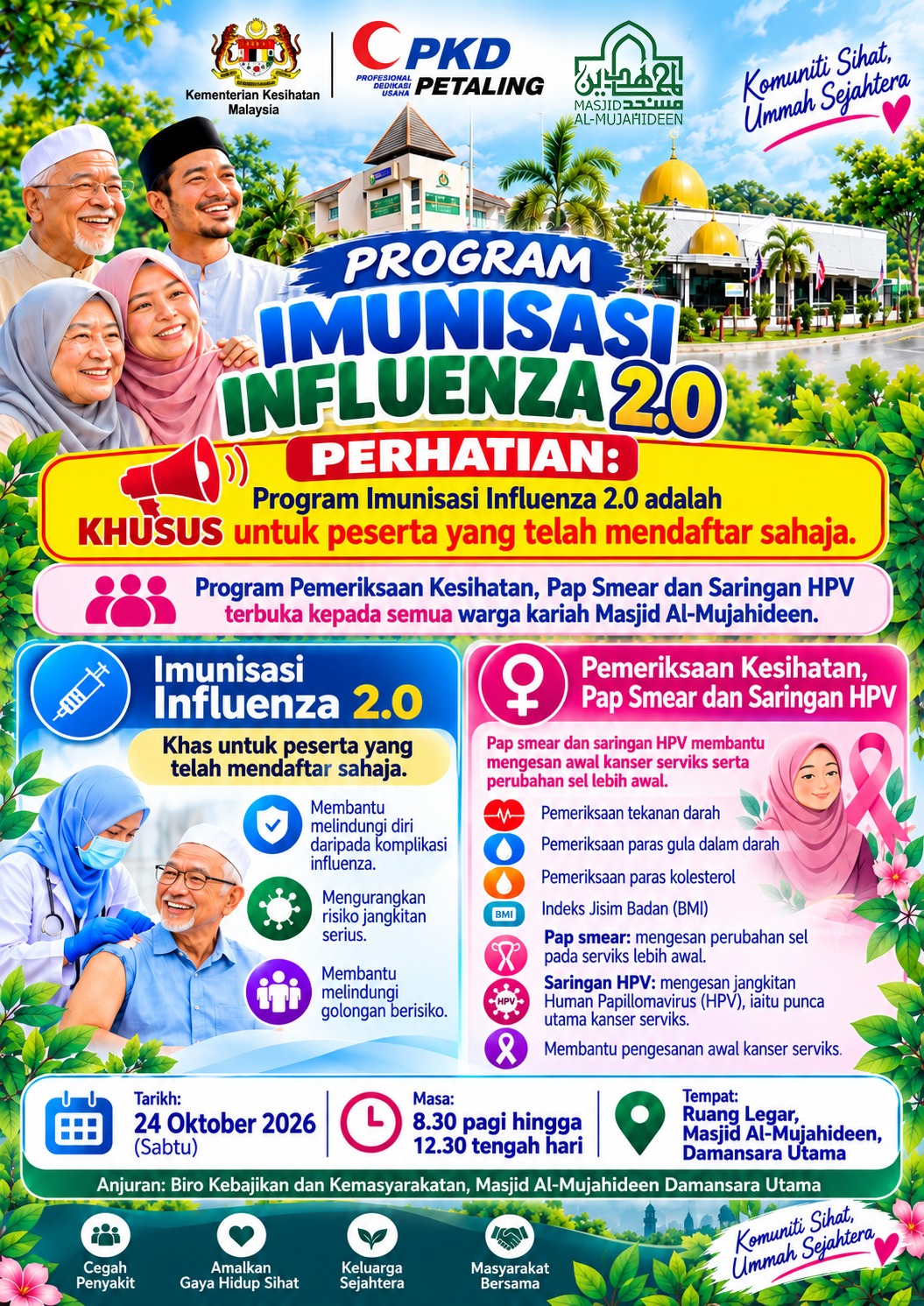 Poster Jemputan Program Kesihatan Kariah Masjid Al-Mujahideen 24 Oktober 2026