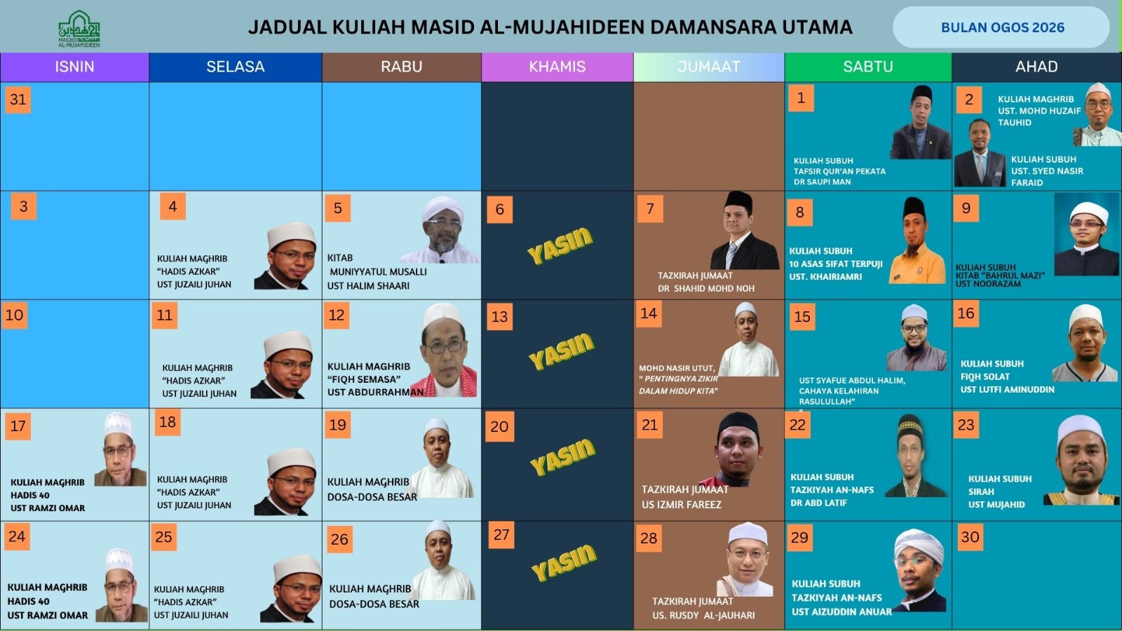 Jadual Kuliah Masjid Al-Mujahideen Damansara Utama Bulan Ogos 2026